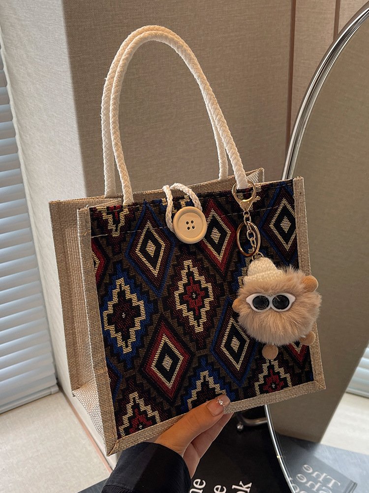 Niche Autumn and Winter New Ethnic Style Handbag for Women Commuting to Work, Casual Tote Bag, Linen Lunch Box Bag