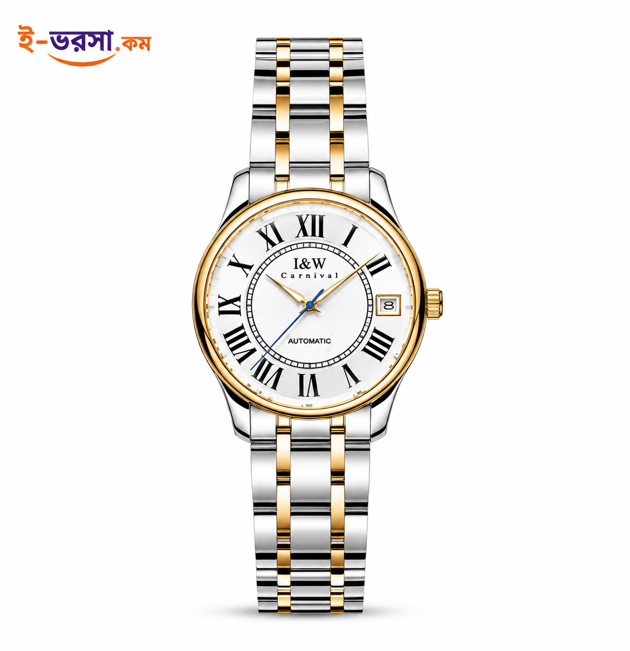 I&W Automatic Women Watch Roman Numeral Dial Two Tone Band Date Display Stainless Steel Mechanical Watch